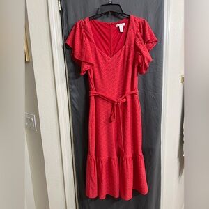 Like new LondonTimes light Red V-Neck midi belted ruffle sleeves Dress size 8
